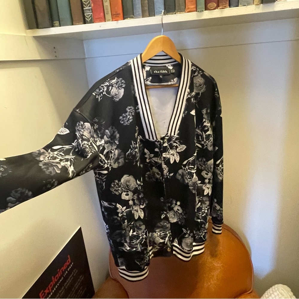 Unisex Black and White Floral bomber jacket